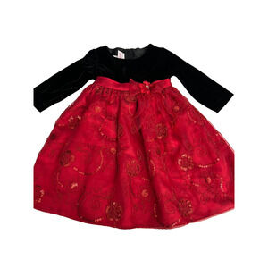 La Princess Dress Girls Size 2T Red Floral Embroidery Black Velvet Holiday Party